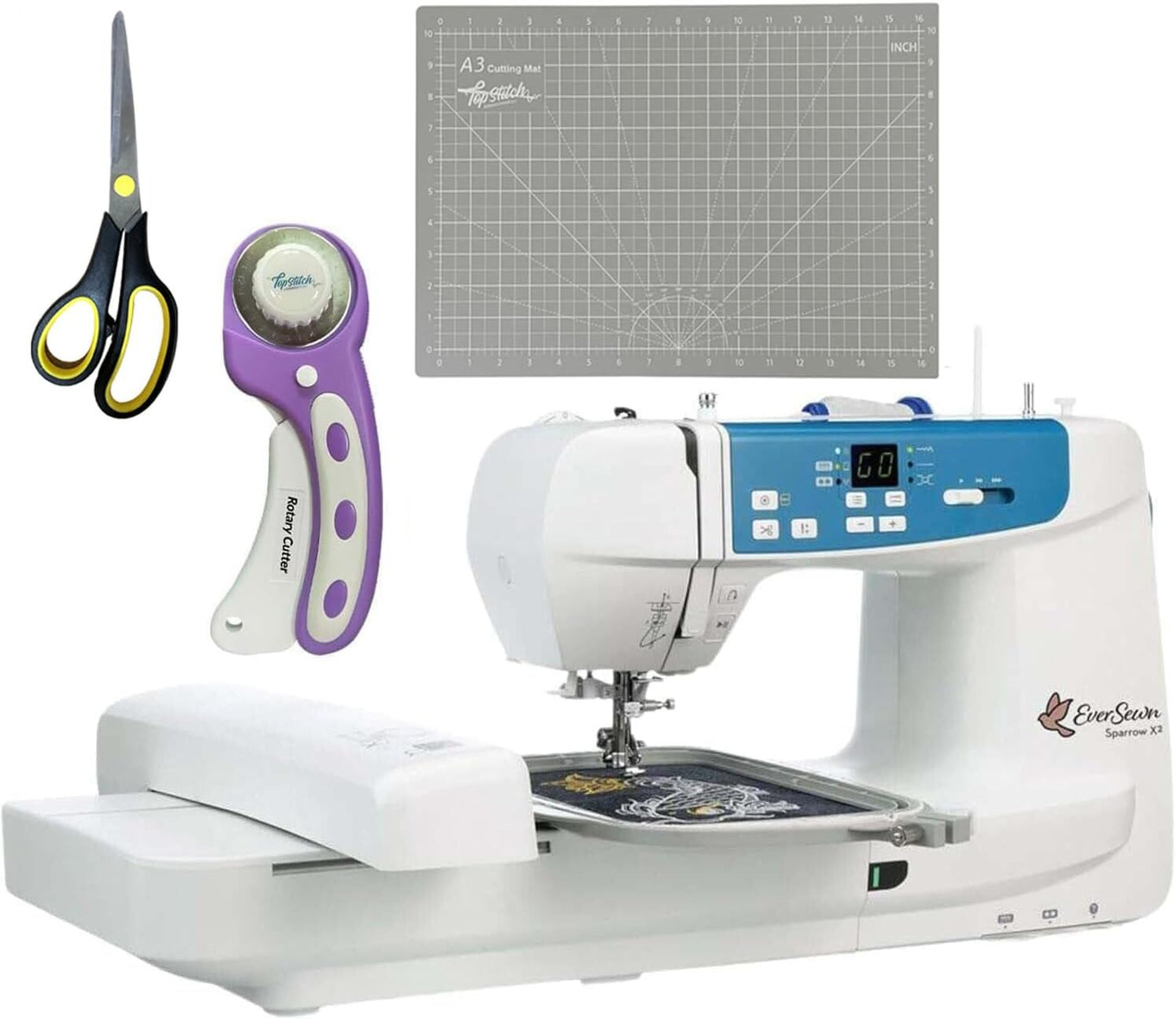 EverSewn Sparrow X2 WiFi Sewing & Embroidery Machine Bundle – 2 Hoops + Cutting Tools + Free Accessories